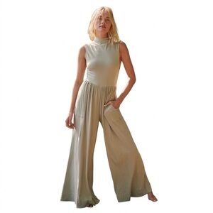 FP Beach Free People Wide-Leg Sleeveless Jumpsuit in Light Sage
